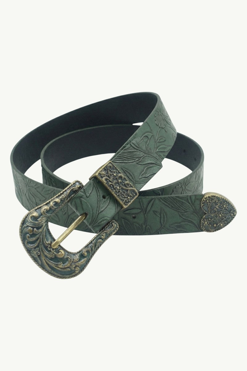 Vintage Leaf-Print PU Leather Belt