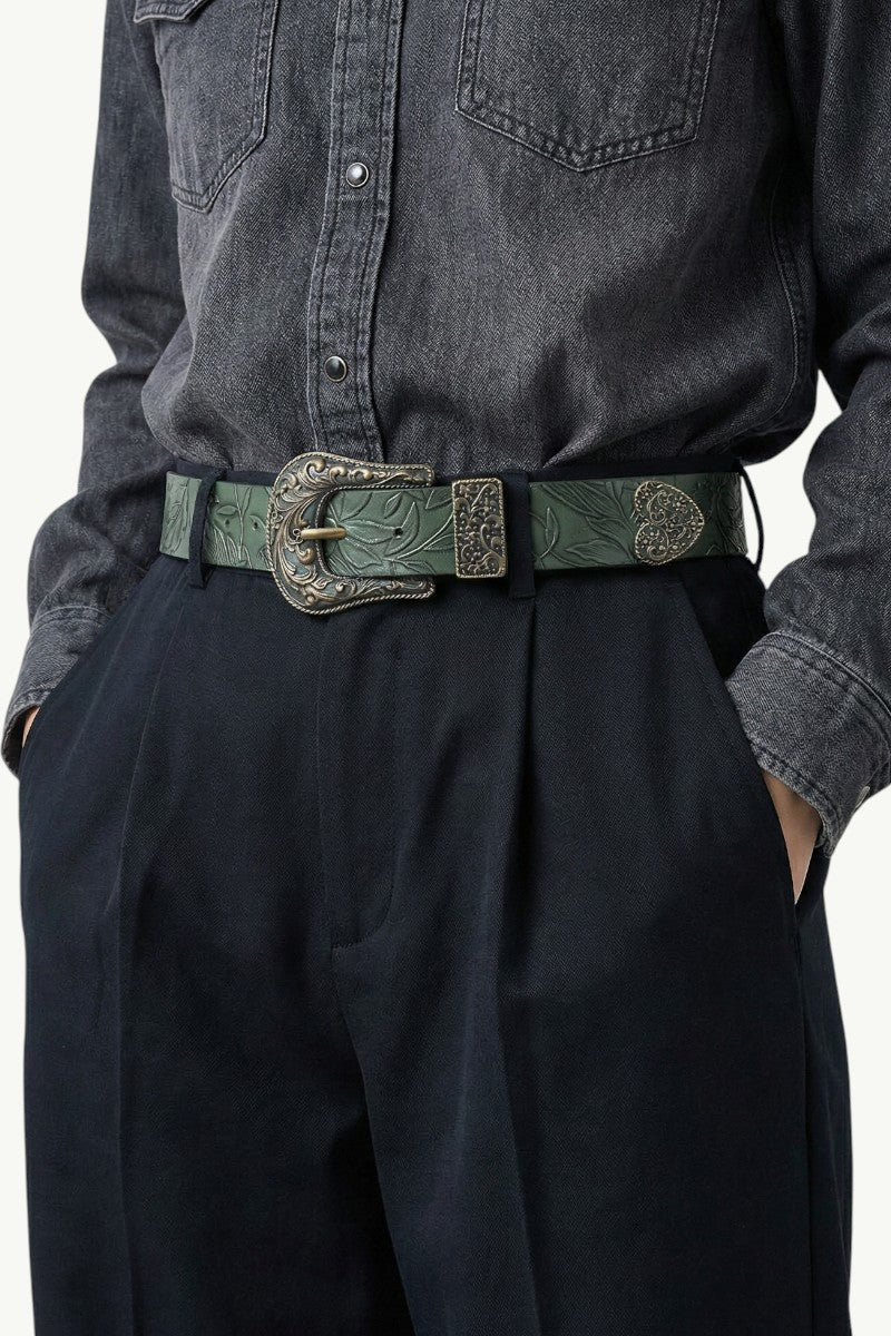 Vintage Leaf-Print PU Leather Belt