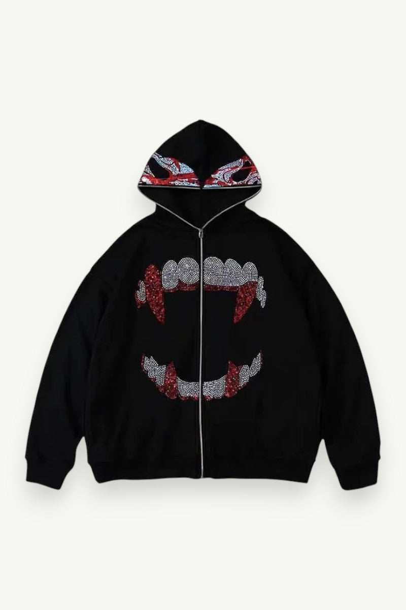 Rhinestone Grunge Zip-Up Hoodie