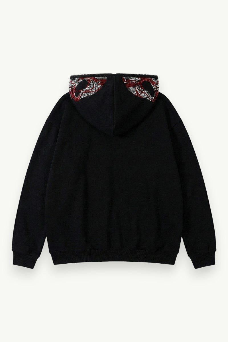 Rhinestone Grunge Zip-Up Hoodie – Japanese Streetwear – Harajuku