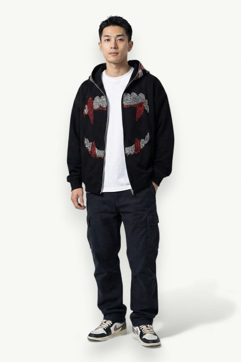 Rhinestone Grunge Zip-Up Hoodie – Japanese Streetwear – Harajuku