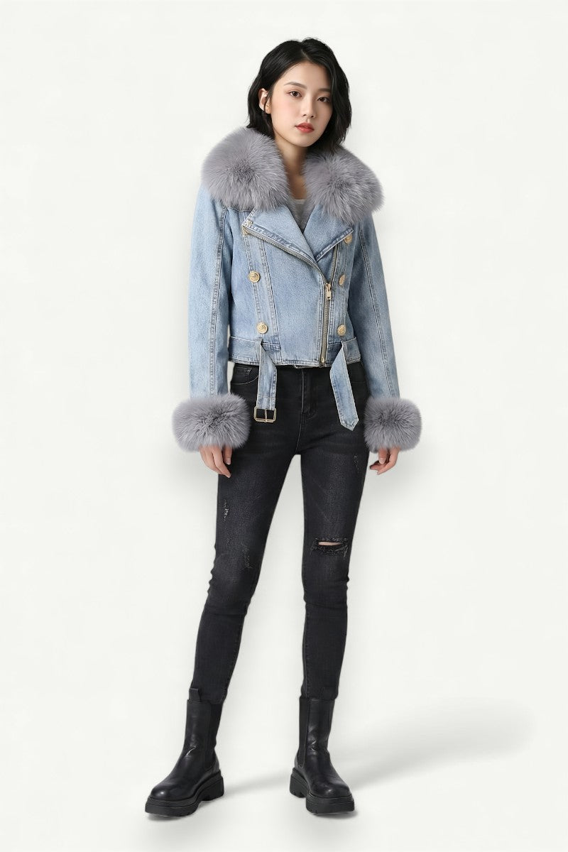 Frost Luxe Fur-Collar Denim Jacket