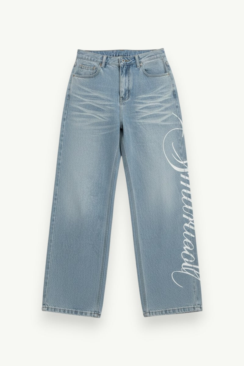 Wave-Stitch Baggy Denim Pants