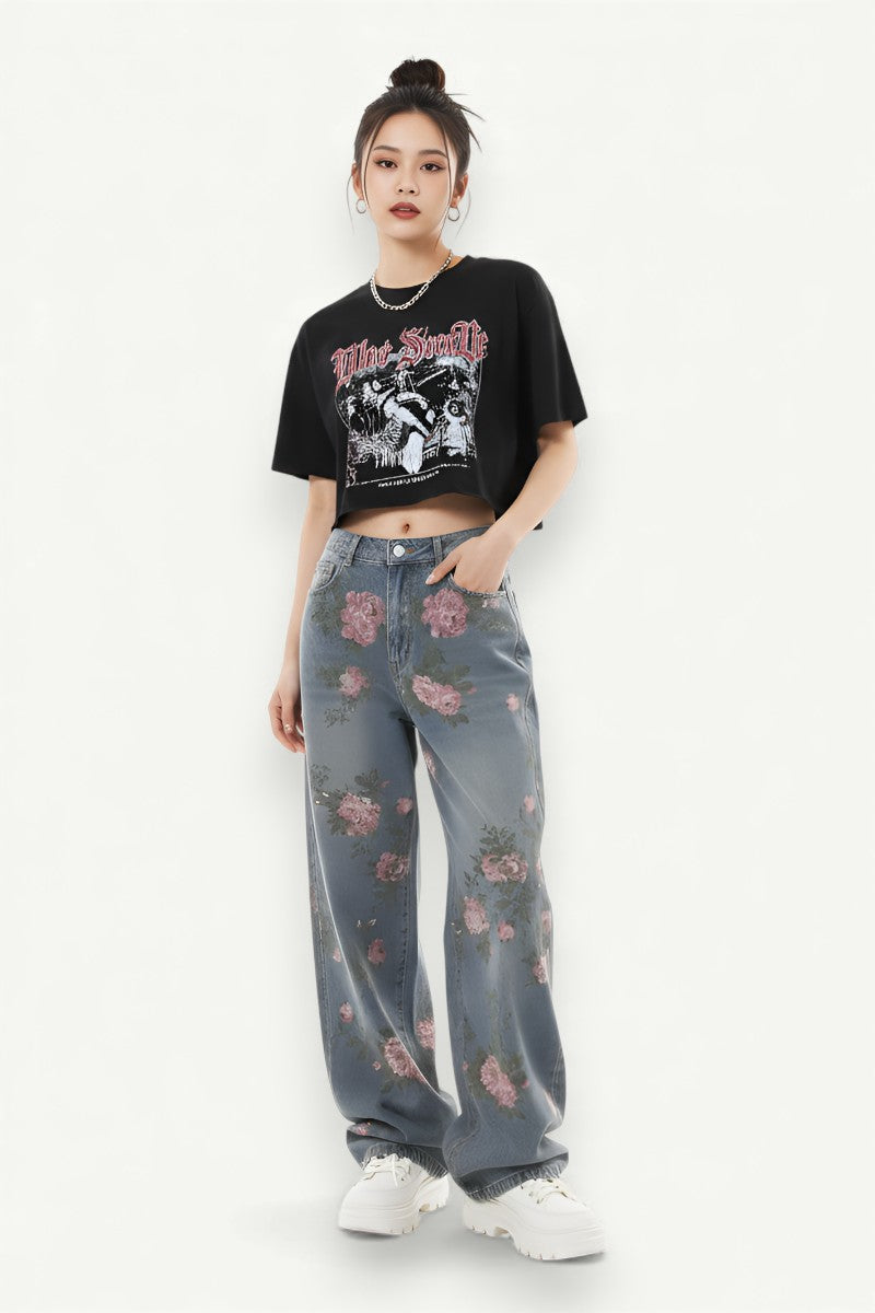 Vintage Blossom Wide-Leg Denim