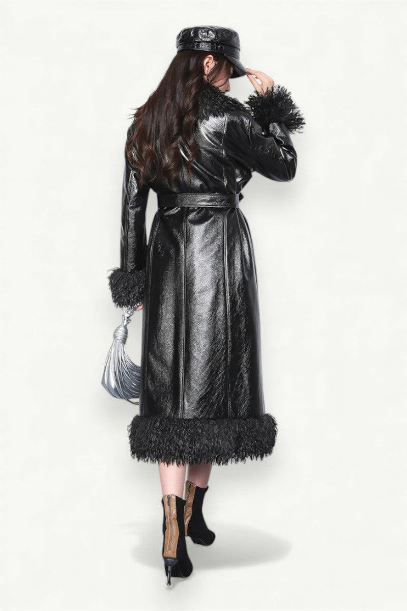 Luxury Faux Leather Fur-Trim Coat
