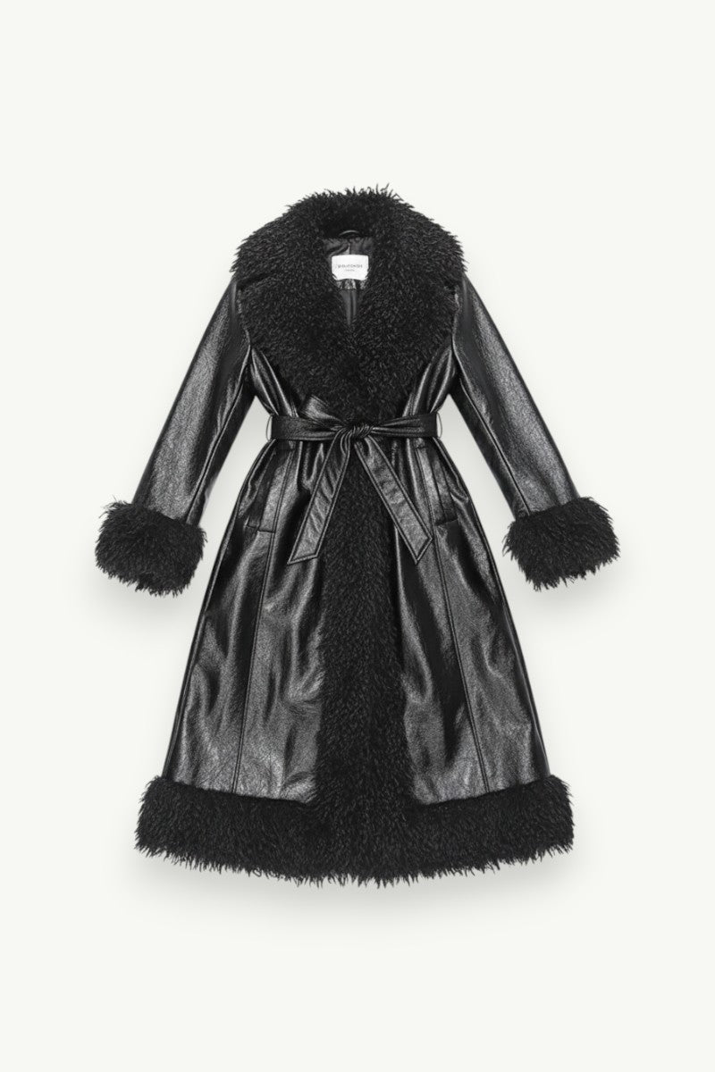Luxury Faux Leather Fur-Trim Coat