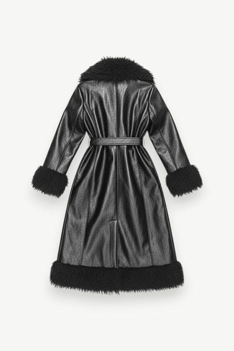 Luxury Faux Leather Fur-Trim Coat
