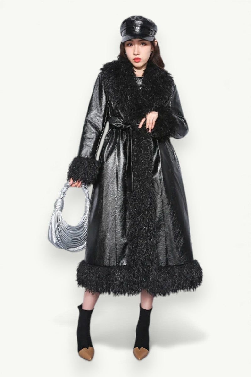 Luxury Faux Leather Fur-Trim Coat