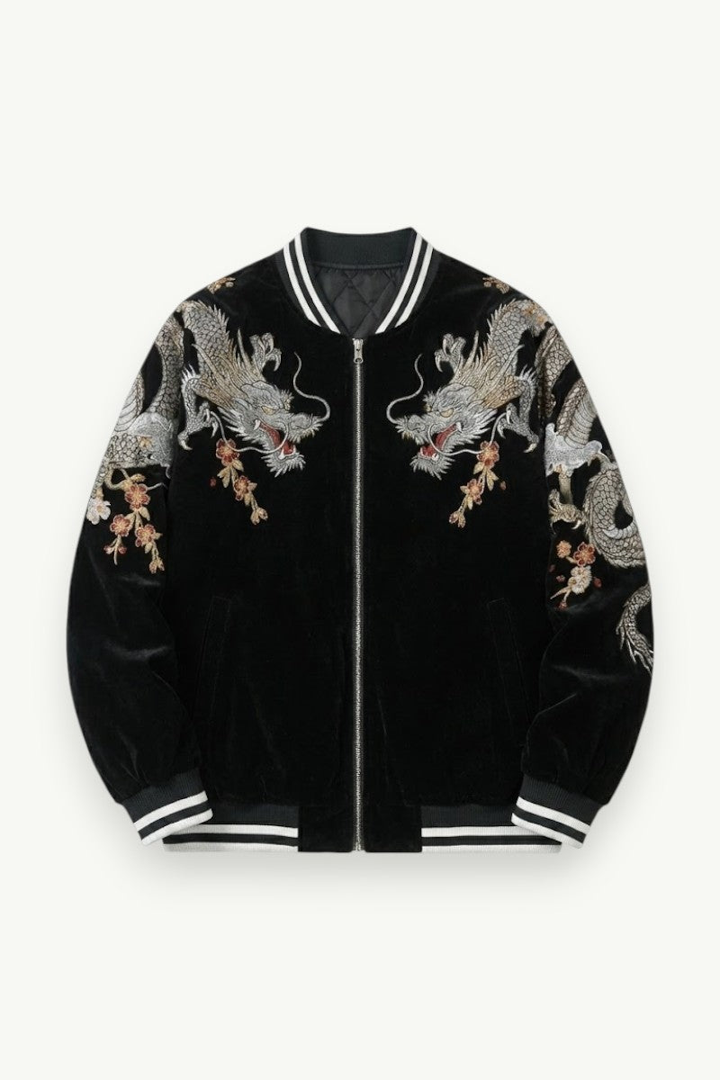 Embroidered Dragon Velvet Bomber