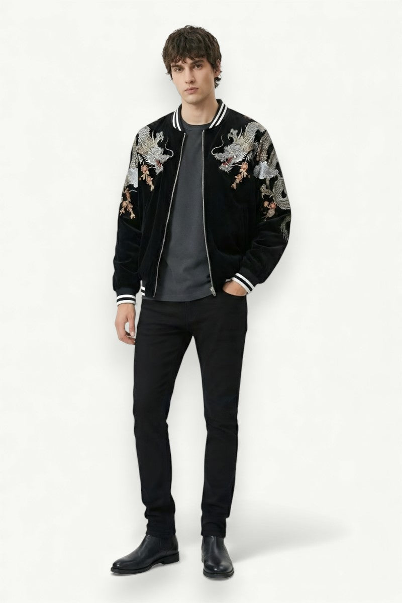 Embroidered Dragon Velvet Bomber