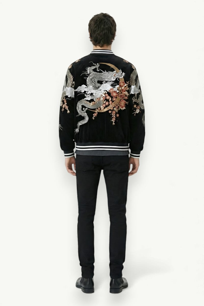 Embroidered Dragon Velvet Bomber