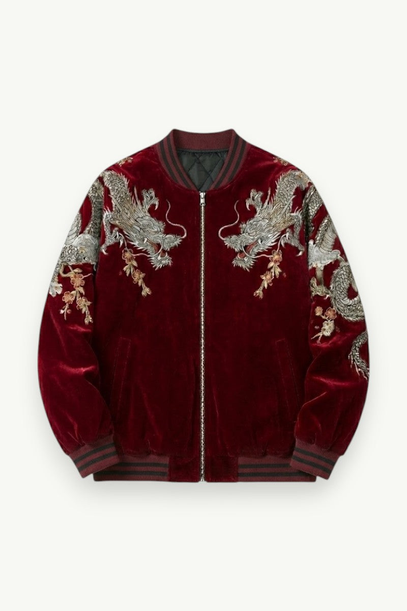 Embroidered Dragon Velvet Bomber