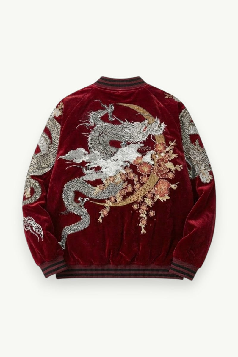 Embroidered Dragon Velvet Bomber